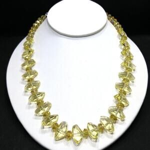 Handcrafted Yellow Crystal Bead Necklace 21” Silver Tone Chain Lobster Clasp